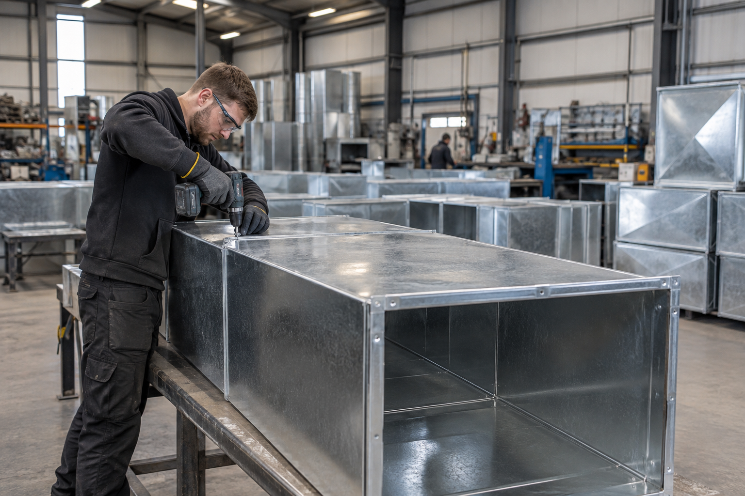 Engineer assembling galvanised steel ventilation ductwork in a fabrication workshop